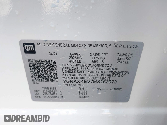 2021 Chevrolet Equinox LT with VIN 3GNAXKEV7MS162973, listed as a IAAI auction lot 42085148 with 19,847 mi miles and . Bid and sale history available at DreamBid. Image 9.