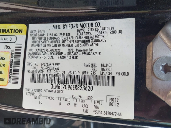 2014 Lincoln MKZ с VIN 3LN6L2G96ER823620, выставлен на аукционе IAAI как лот 42386301 с пробегом 181 519 миль миль и . История ставок и продаж доступна на DreamBid. Изображение 9.