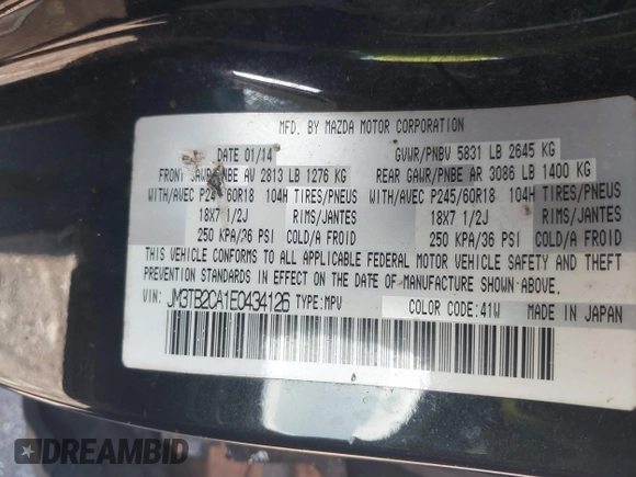 2014 Mazda CX-9 Touring with VIN JM3TB2CA1E0434126, listed as a IAAI auction lot 42639539 with 116,247 mi miles and . Bid and sale history available at DreamBid. Image 9.