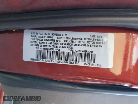 2003 Subaru Legacy L with VIN 4S3BE635437216708, listed as a Copart auction lot 85870514 with 141,230 mi miles and Salvage title. Bid and sale history available at DreamBid. Image 12.