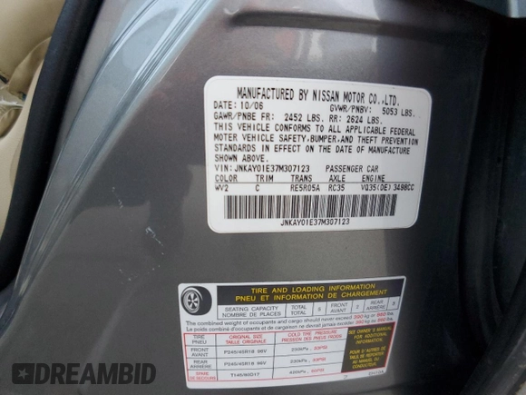 2007 Infiniti M35 with VIN JNKAY01E37M307123, listed as a Copart auction lot 50907425 with 119,798 mi miles and Salvage Title. Bid and sale history available at carsss.com. Image 14.