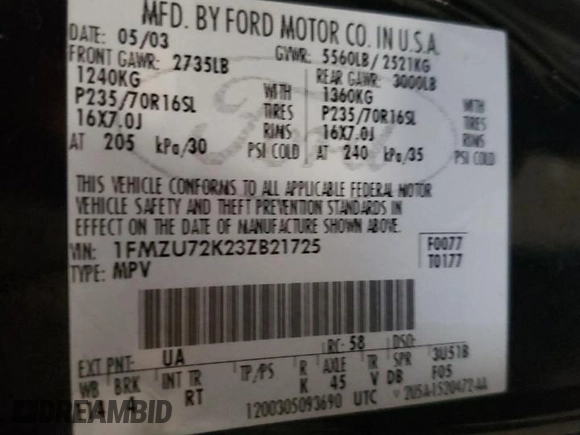 2003 Ford Explorer XLS z VIN 1FMZU72K23ZB21725, wystawiony jako Copart lot #52198535 z przebiegiem 167 325 mil mil oraz Szkoda całkowita • Salvage title. Historia ofert i sprzedaży dostępna na DreamBid. Obrazek 13.
