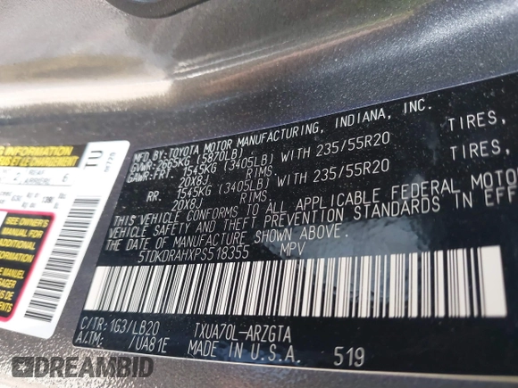 2023 Toyota Highlander L with VIN 5TDKDRAHXPS518355, listed as a IAAI auction lot 41115413 with 17,646 mi miles and . Bid and sale history available at DreamBid. Image 9.