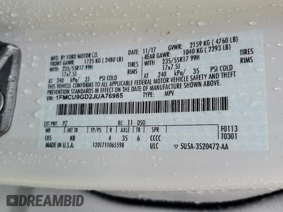 2018 Ford Escape SE z VIN 1FMCU9GD2JUA76985, wystawiony jako Copart lot #55743855 z przebiegiem 84 549 mil mil oraz Szkody całkowita. Historia ofert i sprzedaży dostępna na DreamBid. Obrazek 13.