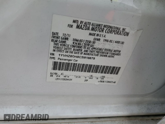 2012 Mazda 6 i Touring with VIN 1YVHZ8DH8C5M18878, listed as a Copart auction lot 58501315 with 219,858 mi miles and Salvage title. Bid and sale history available at DreamBid. Image 12.