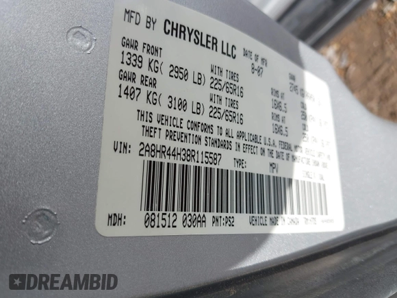 2008 Chrysler Town & Country LX with VIN 2A8HR44H38R115587, listed as a IAAI auction lot 41035823 with 167,564 mi miles and . Bid and sale history available at DreamBid. Image 9.