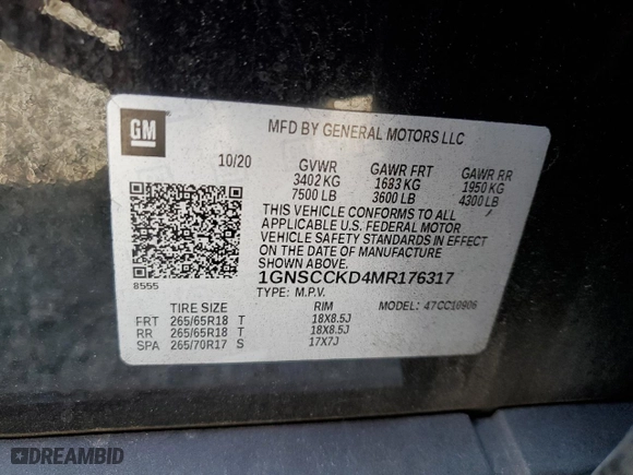 2021 Chevrolet Suburban LT with VIN 1GNSCCKD4MR176317, listed as a Copart auction lot 46689235 with 0 mi miles and Salvage Title. Bid and sale history available at carsss.com. Image 15.