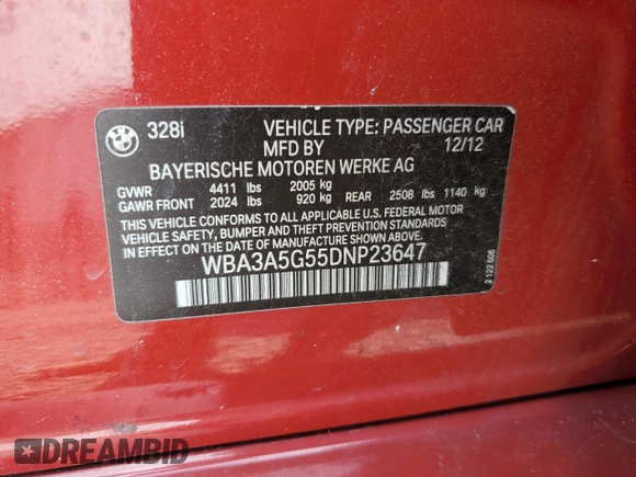 2013 BMW 3 Series 328i with VIN WBA3A5G55DNP23647, listed as a Copart auction lot 59254205 with 158,320 mi miles and Salvage title. Bid and sale history available at DreamBid. Image 12.