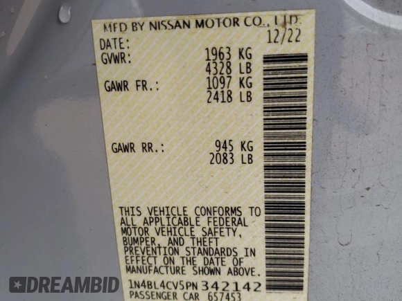 2023 Nissan Altima 2.5 SR with VIN 1N4BL4CV5PN342142, listed as a Copart auction lot 47291335 with 32,249 mi miles and Salvage Title. Bid and sale history available at carsss.com. Image 14.