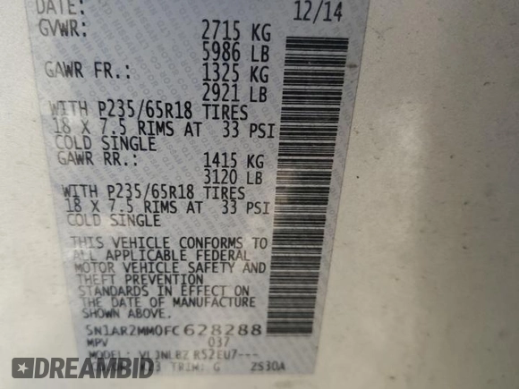 2015 Nissan Pathfinder Platinum with VIN 5N1AR2MM0FC628288, listed as a Copart auction lot 55482595 with 108,863 mi miles and Salvage title. Bid and sale history available at DreamBid. Image 14.