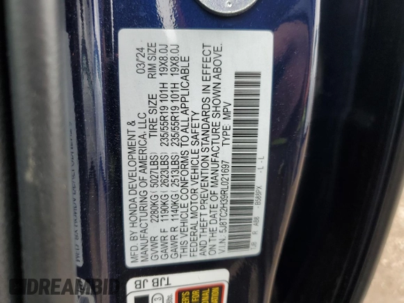 2024 Acura RDX with VIN 5J8TC2H39RL021697, listed as a Copart auction lot 55443475 with 13,200 mi miles and Salvage title. Bid and sale history available at DreamBid. Image 13.