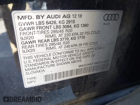 2019 Audi Q7 Premium Plus z VIN WA1LHAF76KD025846, wystawiony jako IAAI lot #41441861 z przebiegiem 79 937 mil mil oraz . Historia ofert i sprzedaży dostępna na DreamBid. Obrazek 9.