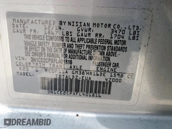 2015 Nissan Note S with VIN 3N1CE2CPXFL401816, listed as a Copart auction lot 61790295 with 89,901 mi miles and Salvage title. Bid and sale history available at DreamBid. Image 12.