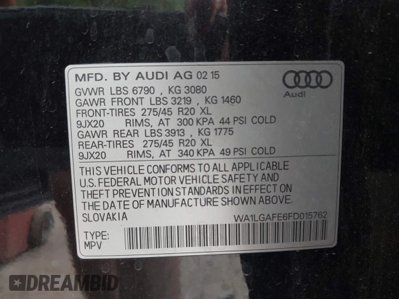 2015 Audi Q7 Premium Plus with VIN WA1LGAFE6FD015762, listed as a IAAI auction lot 42260301 with 125,748 mi miles and . Bid and sale history available at DreamBid. Image 9.