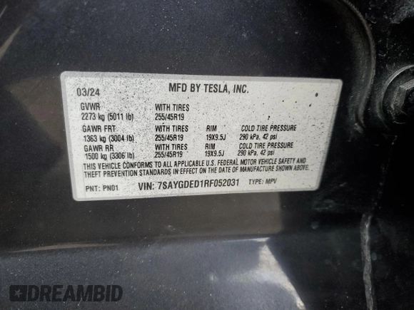 2024 Tesla Model Y with VIN 7SAYGDED1RF052031, listed as a Copart auction lot 48507865 with 5,365 mi miles and Salvage title. Bid and sale history available at DreamBid. Image 13.