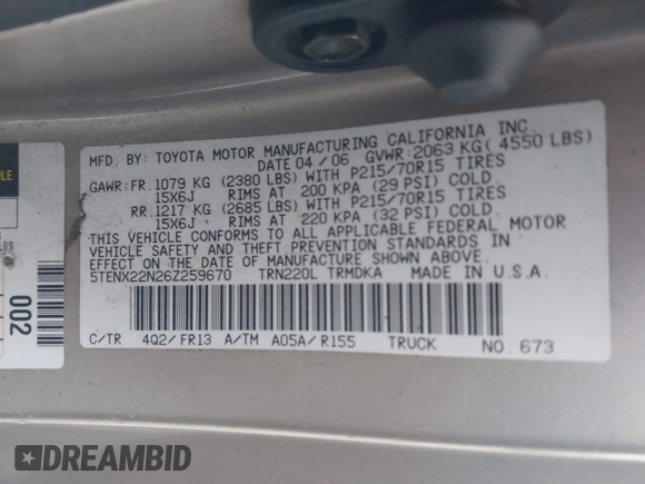 2006 Toyota Tacoma with VIN 5TENX22N26Z259670, listed as a IAAI auction lot 41067144 with 220,604 mi miles. Bid and sale history available at carsss.com. Image 9.