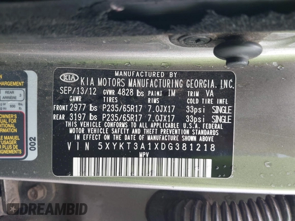 2013 Kia Sorento LX with VIN 5XYKT3A1XDG381218, listed as a IAAI auction lot 42511747 with 130,253 mi miles and . Bid and sale history available at DreamBid. Image 9.