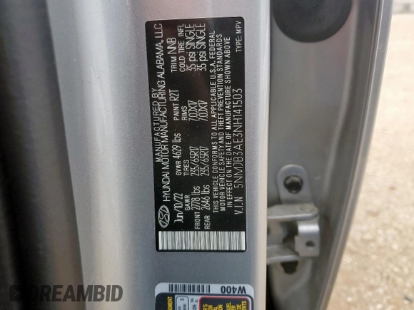 2022 Hyundai Tucson SEL z VIN 5NMJB3AE3NH141503, wystawiony jako Copart lot #58114835 z przebiegiem 42 941 mil mil oraz Szkoda całkowita • Salvage title. Historia ofert i sprzedaży dostępna na DreamBid. Obrazek 13.