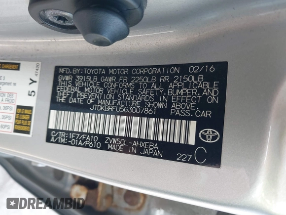 2016 Toyota Prius Two with VIN JTDKBRFU5G3007861, listed as a IAAI auction lot 41763950 with 243,049 mi miles. Bid and sale history available at carsss.com. Image 9.
