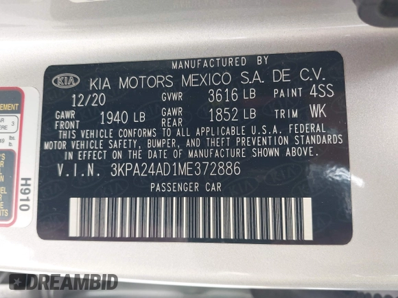 2021 Kia Rio LX with VIN 3KPA24AD1ME372886, listed as a IAAI auction lot 41876332 with 39,665 mi miles and . Bid and sale history available at DreamBid. Image 9.