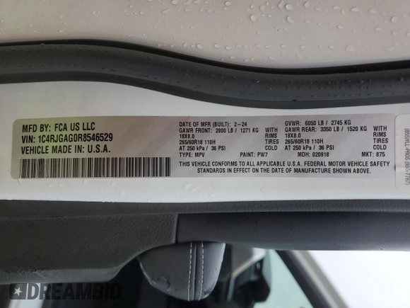 2024 Jeep Grand Cherokee Altitude with VIN 1C4RJGAG0R8546529, listed as a Copart auction lot 41863845 with 20,096 mi miles and Salvage title. Bid and sale history available at DreamBid. Image 13.