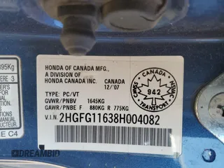 2008 Honda Civic Cpe LX with VIN 2HGFG11638H004082, listed as a Copart auction lot 54259395 with 274,929 mi miles and Salvage Title. Bid and sale history available at carsss.com. Image 12.