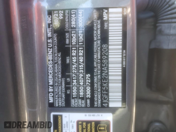 2022 Mercedes-Benz GLS 450 with VIN 4JGFF5KE2NA589208, listed as a Copart auction lot 41688724 with 39,855 mi miles and . Bid and sale history available at DreamBid. Image 15.