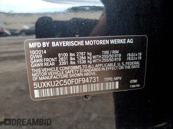 2015 BMW X6 xDrive35i with VIN 5UXKU2C50F0F94731, listed as a Copart auction lot 61715033 with 101,886 mi miles. Bid and sale history available at carsss.com. Image 13.