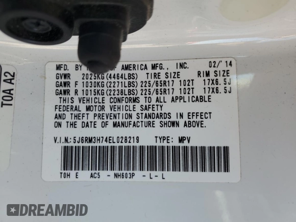 2014 Honda CR-V EX-L with VIN 5J6RM3H74EL028219, listed as a Copart auction lot 54142635 with 143,421 mi miles and Salvage Title. Bid and sale history available at carsss.com. Image 14.