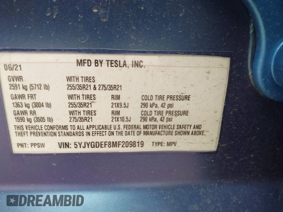 2021 Tesla Model Y Performance z VIN 5YJYGDEF8MF209819, wystawiony jako IAAI lot #41757009 z przebiegiem 37 685 mil mil oraz . Historia ofert i sprzedaży dostępna na DreamBid. Obrazek 9.