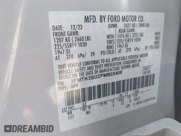 2023 Ford Mustang Mach-E Premium with VIN 3FMTK3SU2PMB05408, listed as a IAAI auction lot 42116244 with 12,092 mi miles and . Bid and sale history available at DreamBid. Image 9.