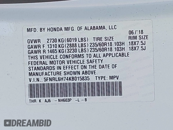 2019 Honda Odyssey EX-L with VIN 5FNRL6H74KB015835, listed as a IAAI auction lot 42044603 with 109,740 mi miles. Bid and sale history available at carsss.com. Image 9.