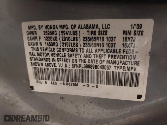 2009 Honda Odyssey EX-L с VIN 5FNRL38689B040057, выставлен на аукционе IAAI как лот 42169337 с пробегом 237 379 миль миль и . История ставок и продаж доступна на DreamBid. Изображение 9.