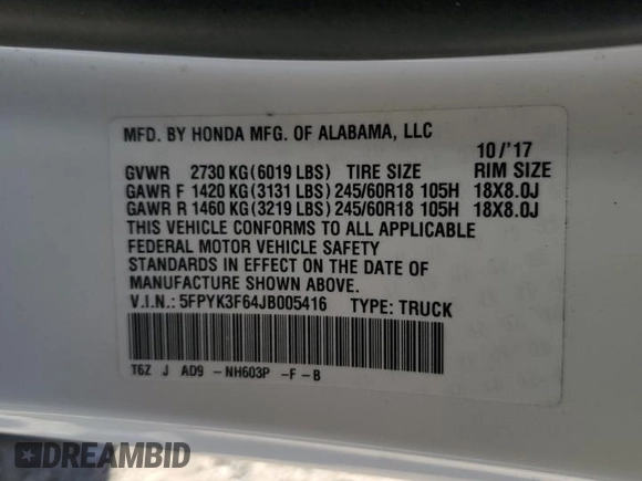 2018 Honda Ridgeline RTL-T z VIN 5FPYK3F64JB005416, wystawiony jako Copart lot #54163835 z przebiegiem 57 677 mil mil oraz Szkody całkowita. Historia ofert i sprzedaży dostępna na DreamBid. Obrazek 12.