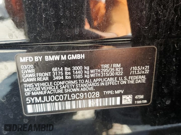 2020 BMW X5 M Competition with VIN 5YMJU0C07L9C91028, listed as a Copart auction lot 63031553 with 0 mi miles. Bid and sale history available at carsss.com. Image 15.