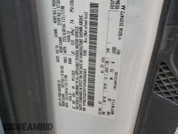 2016 Ford Transit XL z VIN 1FBZX2ZM7GKB08283, wystawiony jako Copart lot #58227425 z przebiegiem 66 586 mil mil oraz Czysty tytuł • Clean title. Historia ofert i sprzedaży dostępna na DreamBid. Obrazek 13.