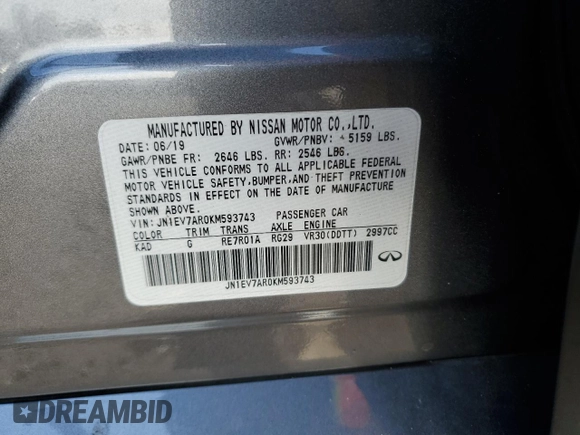 2019 Infiniti Q50 3.0t LUXE with VIN JN1EV7AR0KM593743, listed as a Copart auction lot 83748304 with 70,650 mi miles and Salvage Title. Bid and sale history available at carsss.com. Image 15.