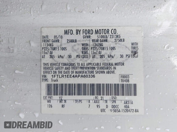 2010 Ford Ranger with VIN 1FTLR1EE4APA60336, listed as a IAAI auction lot 42556531 with 274,797 mi miles and . Bid and sale history available at DreamBid. Image 9.