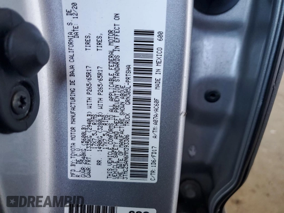 2021 Toyota Tacoma SR with VIN 3TMCZ5AN6MM393306, listed as a Copart auction lot 41483325 with 57,217 mi miles and Salvage title. Bid and sale history available at DreamBid. Image 12.