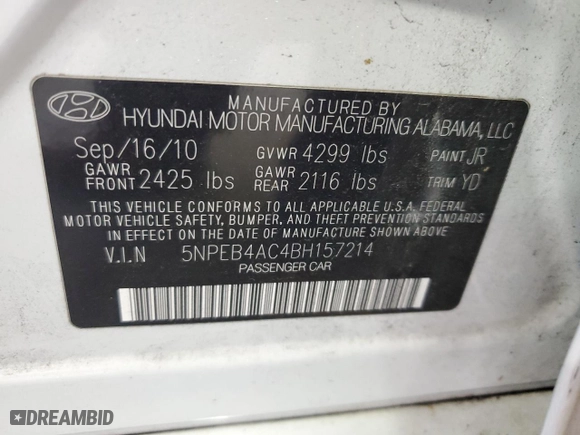 2011 Hyundai Sonata GLS PZEV with VIN 5NPEB4AC4BH157214, listed as a Copart auction lot 76178894 with 191,041 mi miles and Salvage Title. Bid and sale history available at carsss.com. Image 14.