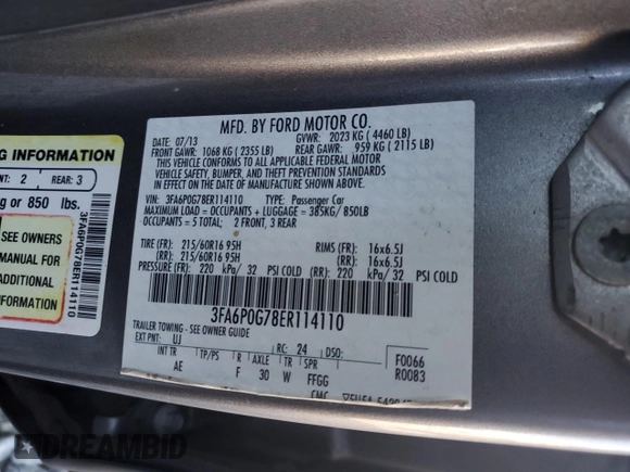 2014 Ford Fusion S with VIN 3FA6P0G78ER114110, listed as a Copart auction lot 81067434 with 160,095 mi miles and Salvage Title. Bid and sale history available at DreamBid. Image 15.
