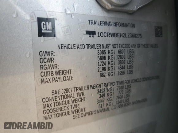 2020 Chevrolet Silverado 1500 Custom with VIN 1GCRWBEH2LZ368275, listed as a Copart auction lot 83323574 with 58,559 mi miles and Salvage Title. Bid and sale history available at carsss.com. Image 12.