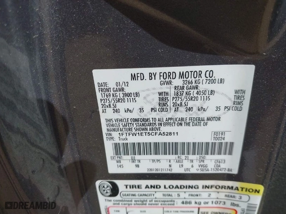 2012 Ford F-150 XL with VIN 1FTFW1ET5CFA52811, listed as a IAAI auction lot 41851091 with 226,388 mi miles. Bid and sale history available at carsss.com. Image 9.