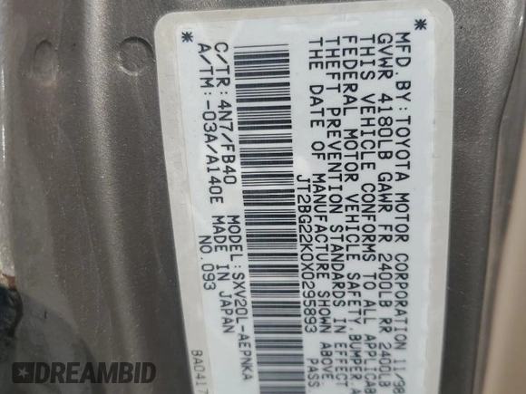1999 Toyota Camry LE z VIN JT2BG22K0X0295893, wystawiony jako Copart lot #56183655 z przebiegiem 327 172 mil mil oraz Szkoda całkowita • Salvage title. Historia ofert i sprzedaży dostępna na DreamBid. Obrazek 12.