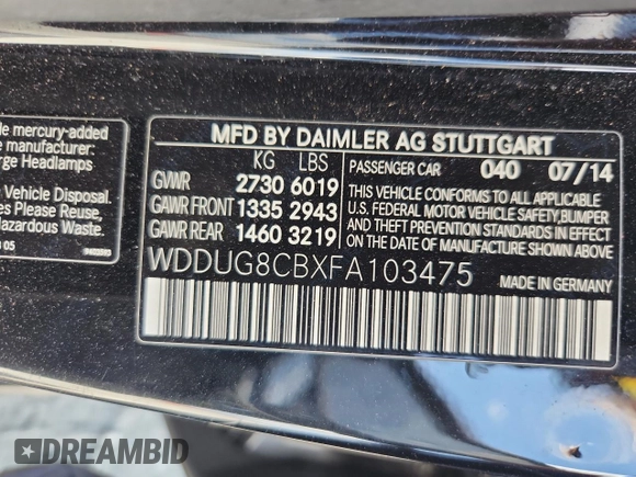 2015 Mercedes-Benz S 550 with VIN WDDUG8CBXFA103475, listed as a Copart auction lot 65389185 with 156,642 mi miles and Clean title. Bid and sale history available at DreamBid. Image 12.