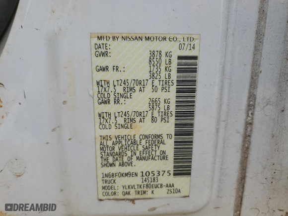 2014 Nissan NV Cargo SV with VIN 1N6BF0KM9EN105375, listed as a Copart auction lot 76562024 with 177,224 mi miles and Salvage Title. Bid and sale history available at carsss.com. Image 13.