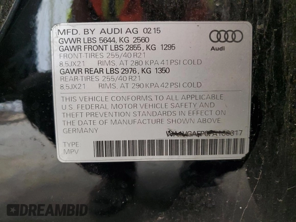 2015 Audi SQ5 Prestige with VIN WA1VGAFP0FA100317, listed as a Copart auction lot 59912374 with 59,558 mi miles and Salvage Title. Bid and sale history available at carsss.com. Image 13.