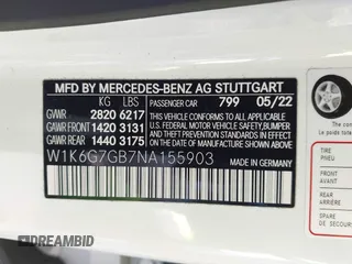 2022 Mercedes-Benz S 580 with VIN W1K6G7GB7NA155903, listed as a IAAI auction lot 41867399 with 60,573 mi miles and . Bid and sale history available at DreamBid. Image 9.
