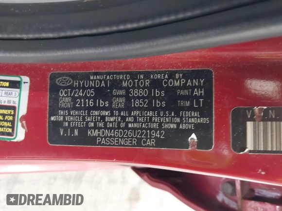 2006 Hyundai Elantra GLS with VIN KMHDN46D26U221942, listed as a IAAI auction lot 42580330 with 102,332 mi miles and . Bid and sale history available at DreamBid. Image 9.