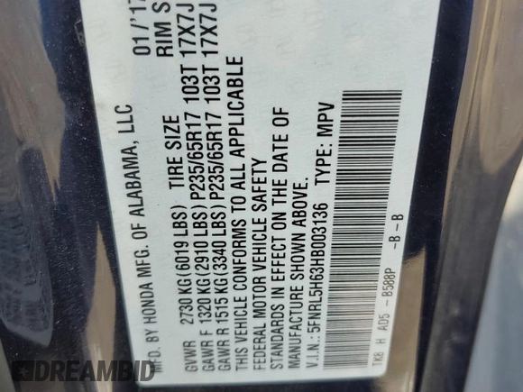 2017 Honda Odyssey EX-L with VIN 5FNRL5H63HB003136, listed as a Copart auction lot 54723185 with 183,321 mi miles and Salvage Title. Bid and sale history available at DreamBid. Image 13.